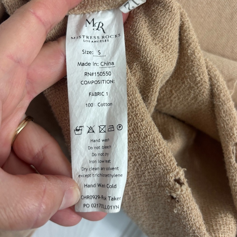 Mistress Rocks Risk Taker Distressed Tan Cropped Sweatshirt Size Small - Picture 6 of 7